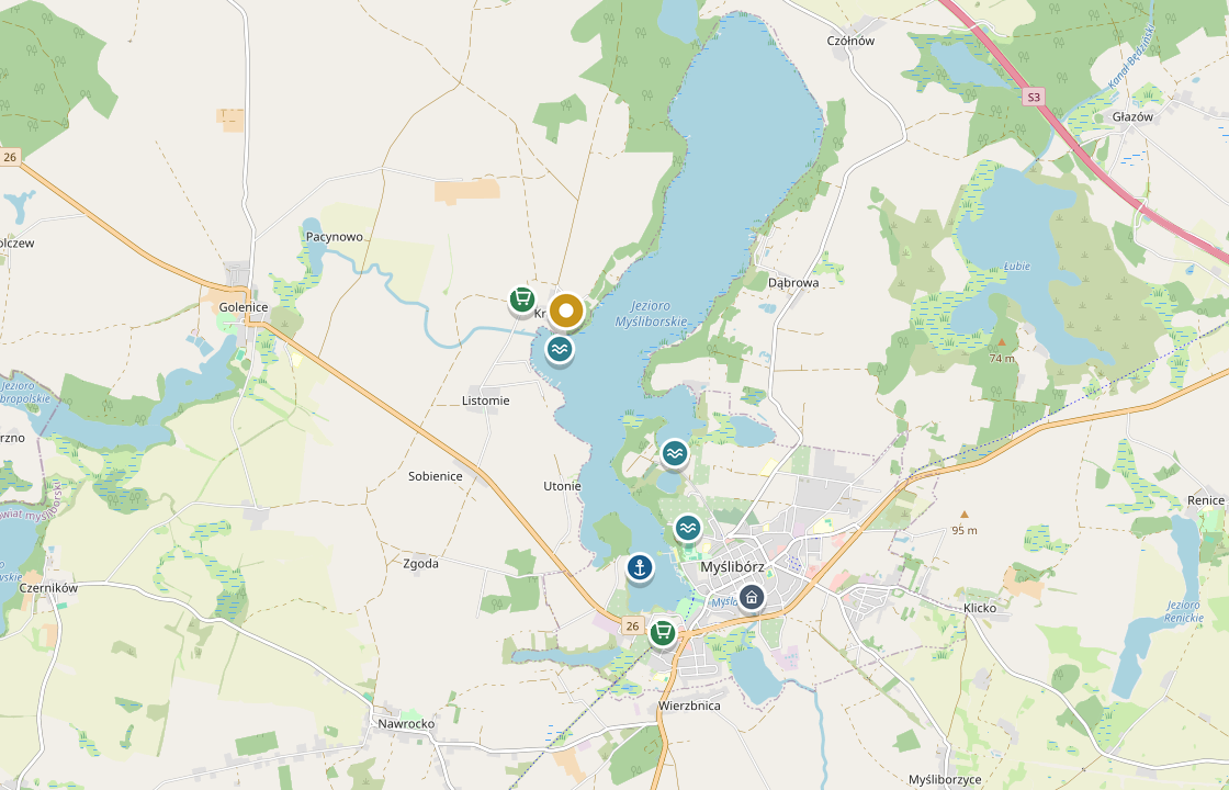 Lageplan: Baugrundstücke am Soldiner See mit Badestellen, Marina, Einkaufsmöglichkeiten und der Stadt Myślibórz