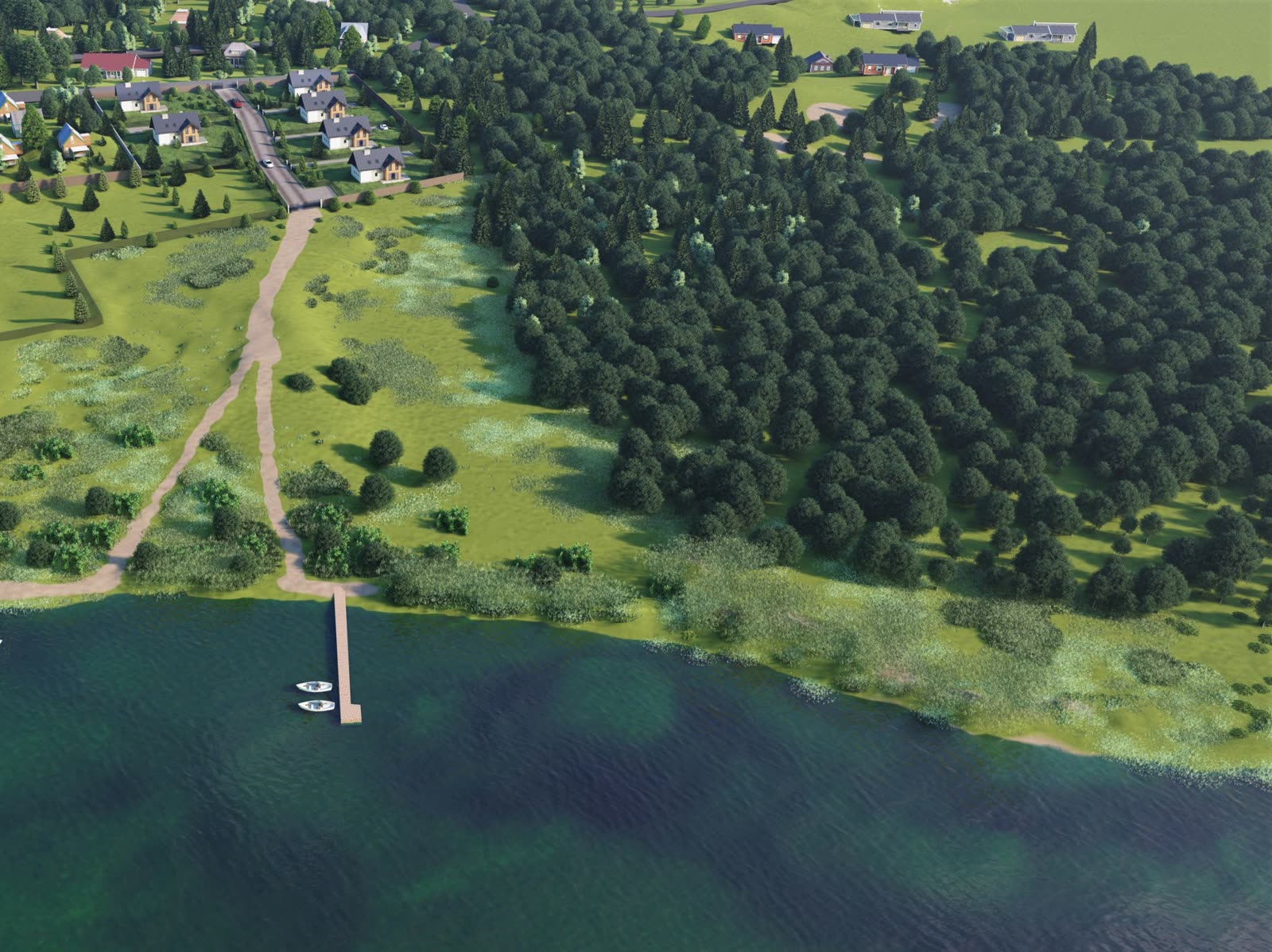 3D-Visualisierung: Luftaufnahme der geplanten Bebauung am Soldiner See